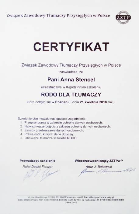 certyfikat ze szkolenia RODO 